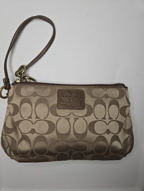 Coach Signature Wristlet Khaki Brown Canvas Leather Trim Zip Pouch